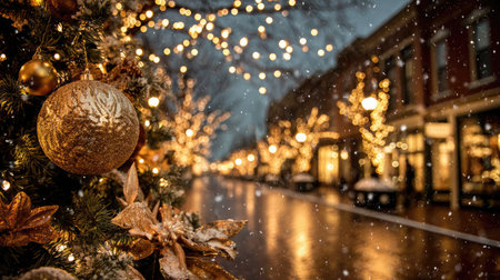 Glittering Christmas tree decorated with ornaments and golden lights in a snowy town square at nightの素材