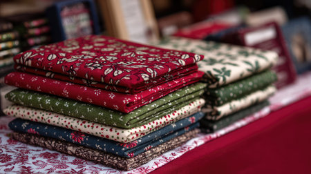 Close-up of handmade summer crafts displayed on patterned fabrics at a festival boothの素材