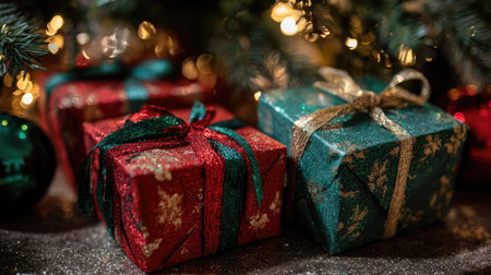 Christmas presents wrapped in red and green paper with ribbons placed under a sparkling treeの素材