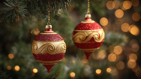 Red and gold baubles hanging from a lush Christmas tree with soft bokeh lights in backgroundの素材