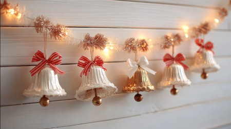 Decorative bells, ribbon, and glittering garland arranged on holiday-themed backdropの素材