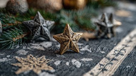 Gold and silver star-shaped ornaments resting on a festive table runner with pine sprigsの素材