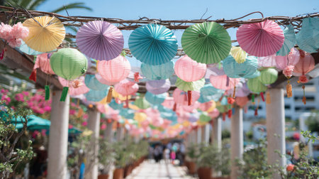 Hanging paper fans and colorful garlands above a walkway at a summer cultural festivalの素材