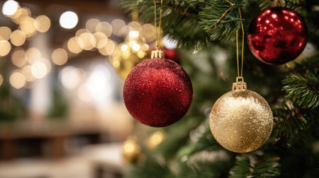 Red and gold baubles hanging from a lush Christmas tree with soft bokeh lights in backgroundの素材