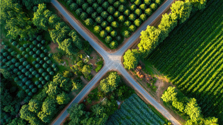 Intersection nestled between fields of green, with orderly rows of trees along each sideの素材