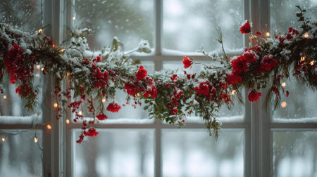 Red and green Christmas garland hanging over a frosty window with snow outsideの素材
