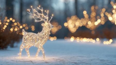 Light-up Christmas reindeer decoration glowing on a snowy lawn with sparkling backgroundの素材