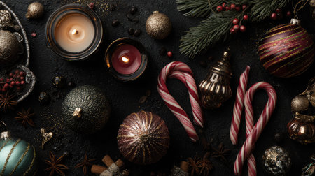 Flat lay of holiday-themed decorations including ornaments, candles, and candy canesの素材