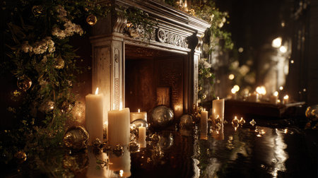 Christmas fireplace scene with candles, greenery, and light reflections on ornamentsの素材