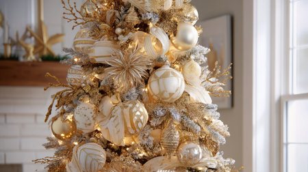 Elegant gold and white holiday tree with coordinated decorations and ribbonの素材