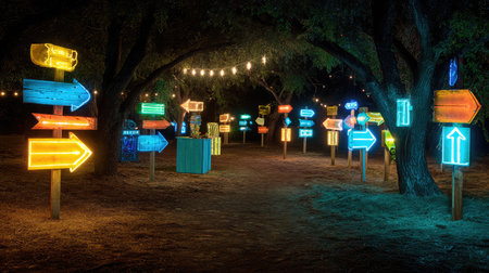 Light-up decorations and painted signs guiding paths through summer fairgroundsの素材