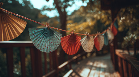 Decorative summer fans and streamers swaying gently above a wooden boardwalkの素材