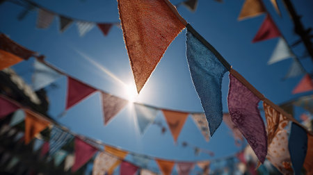Close-up of vibrant festival flags fluttering in the wind with sunshine and blue skiesの素材