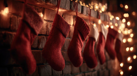 Classic red Christmas stockings hanging on a brick fireplace with fairy lights glowingの素材