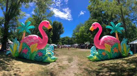 Inflatable flamingos and tropical cutouts decorating a grassy summer festival areaの素材