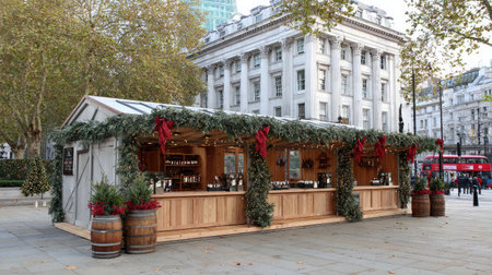 Outdoor Christmas market booth decorated with pine garlands, red bows, and fairy lightsの素材