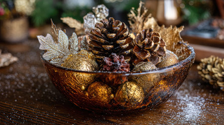 Ornament-filled bowl with glittering decorations, pinecones, and frosted leavesの素材
