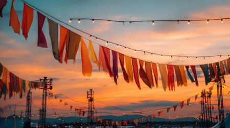 Festival bunting in warm sunset tones hanging across an open-air performance areaの素材