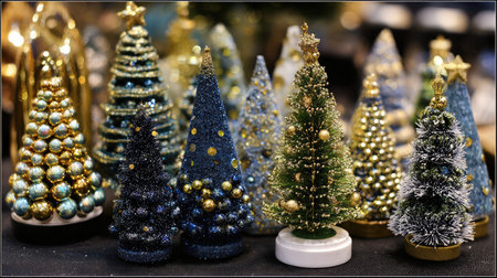 Mini artificial Christmas trees decorated with small baubles and glittery tinselの素材