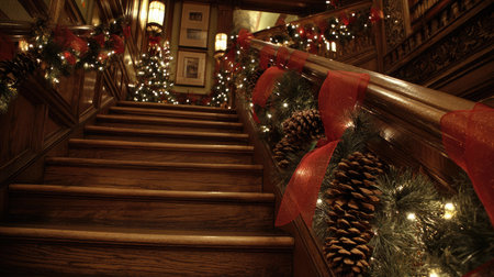 Garland-covered staircase with red ribbons, pinecones, and glowing lights wrapped around handrailの素材