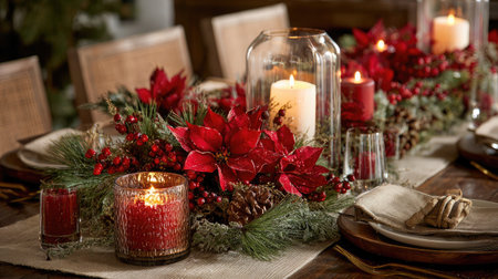 Traditional Christmas centerpieces with poinsettias, berries, and candles on dining tableの素材