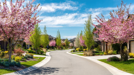 Scenic crossroad in a residential area with blooming trees and rich green lawns under a blue skyの素材
