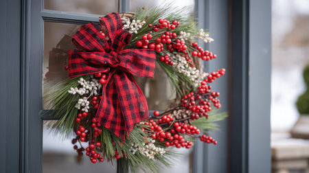 Festive Christmas wreath made with red berries, pine needles, and ribbon on a classic front doorの素材