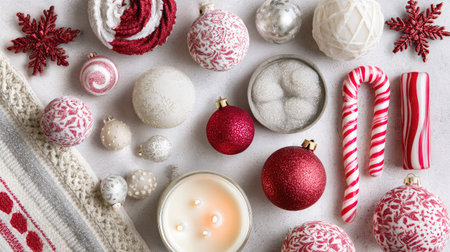 Flat lay of holiday-themed decorations including ornaments, candles, and candy canesの素材