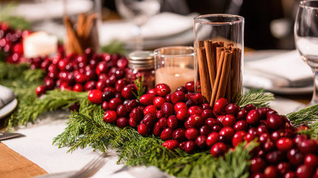 Festive centerpiece made of cranberries, cinnamon sticks, and evergreens on white tableの素材