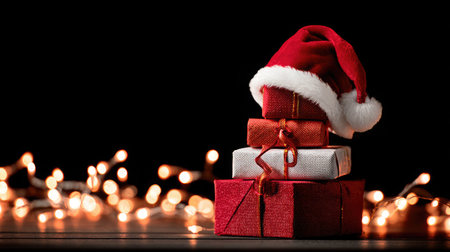Santa hat resting on a stack of wrapped Christmas gifts under glowing string lightsの素材