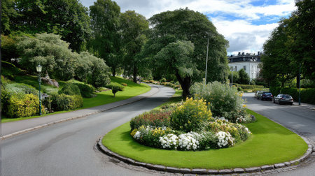 Scenic corner of two roads meeting with flowered lawns and full green tree coverage overheadの素材