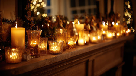Rows of festive Christmas candles lit and lined up along a decorated wooden mantleの素材