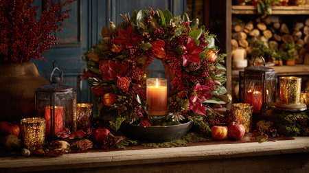 Holiday wreath lying flat with a candle centerpiece and surrounding seasonal decorの素材