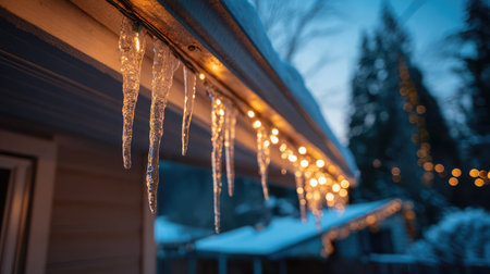 Hanging icicle lights twinkling on the edge of a roof with dark winter sky behindの素材