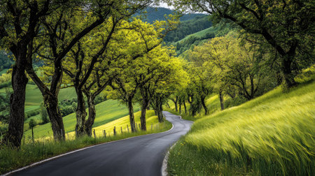 Road intersection wrapped in gentle hills of green grass and tall leafy trees swaying in the breezeの素材