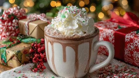 Holiday-themed hot chocolate with whipped cream and sprinkles beside wrapped presentsの素材