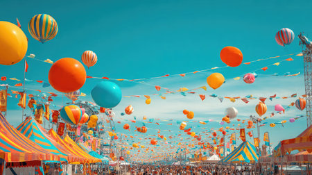 Large open festival field with flags, balloons, and bright banners under clear skiesの素材