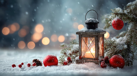 Decorative lantern surrounded by snow-covered pine branches and holiday ornamentsの素材