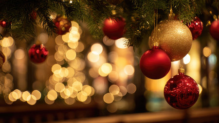 Red and gold baubles hanging from a lush Christmas tree with soft bokeh lights in backgroundの素材