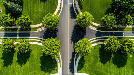Overhead shot of roads meeting at right angles, framed perfectly by trees and cut grassの素材