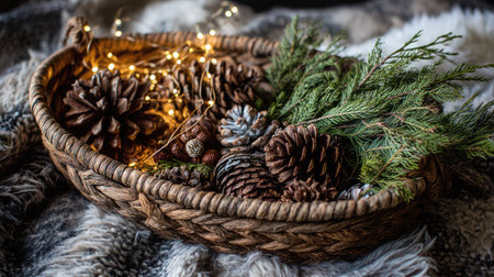 Rustic basket filled with pinecones, evergreen sprigs, and golden fairy lightsの素材