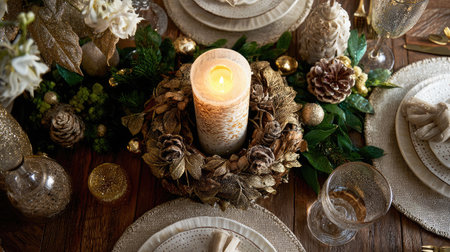 Holiday wreath lying flat with a candle centerpiece and surrounding seasonal decorの素材