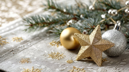 Gold and silver star-shaped ornaments resting on a festive table runner with pine sprigsの素材