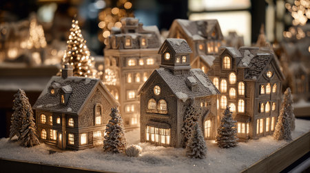 Snow-covered Christmas scene with lit-up trees and twinkling decorations on rooftopsの素材