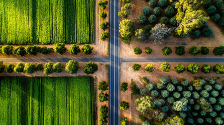 Intersection nestled between fields of green, with orderly rows of trees along each sideの素材