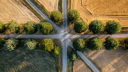 Overhead shot of roads meeting at right angles, framed perfectly by trees and cut grassの素材
