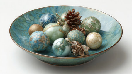Ornament-filled bowl with glittering decorations, pinecones, and frosted leavesの素材