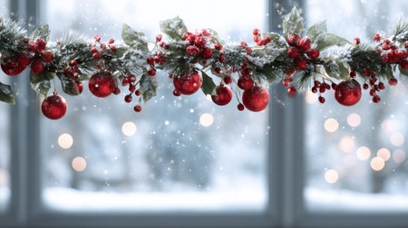 Red and green Christmas garland hanging over a frosty window with snow outsideの素材