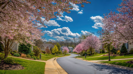 Scenic crossroad in a residential area with blooming trees and rich green lawns under a blue skyの素材