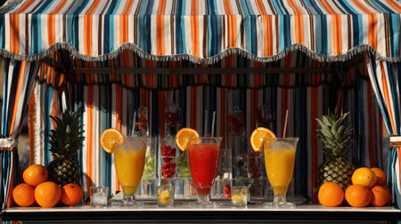 Refreshment stand with tropical drinks, fruit slices, and vibrant striped awningの素材